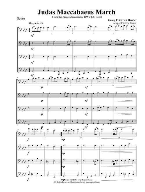 Judas Maccabaeus March for Trombone or Low Brass Quartet (Arr. Eric Burger Music) (Brass Ensemble)