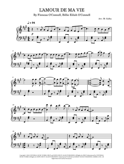 L'amour De Ma Vie (Arr. M. Galka) - Billie Eilish (Piano Solo)
