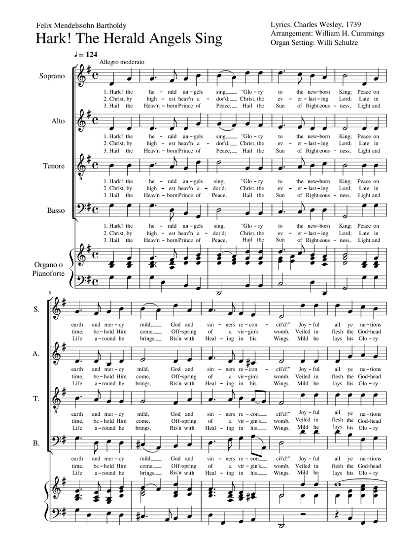 Hark! The Herald Angels Sing For SATB and Organ Sheet music for Piano