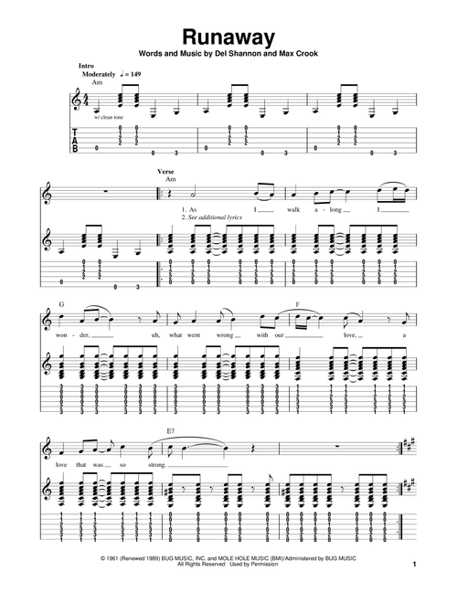 Runaway - Del Shannon (Easy Guitar with TAB)
