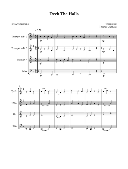 Deck The Halls for brass quartet (Arr. Jps Arrangements) - Thomas Oliphant (Brass Ensemble)