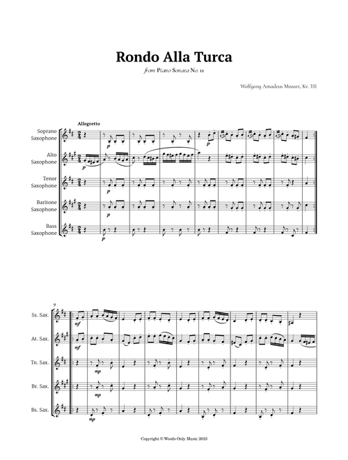 Rondo Alla Turca by Mozart for Sax Ensemble Quintet (Arr. Ander) (Woodwind Ensemble)