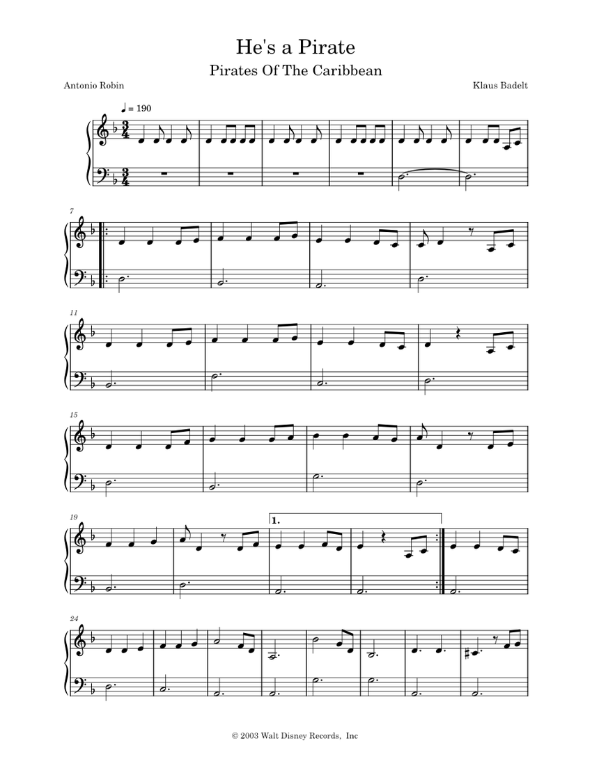 He's A Pirate – Klaus Badelt - SuperEasy Piano Sheet Music For Piano ...