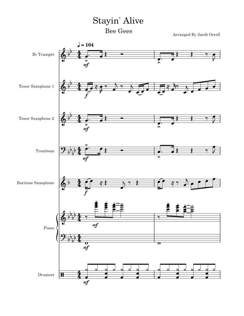 Stayin Alive Brass Band – Bee Gees Sheet Music for Piano, Trombone