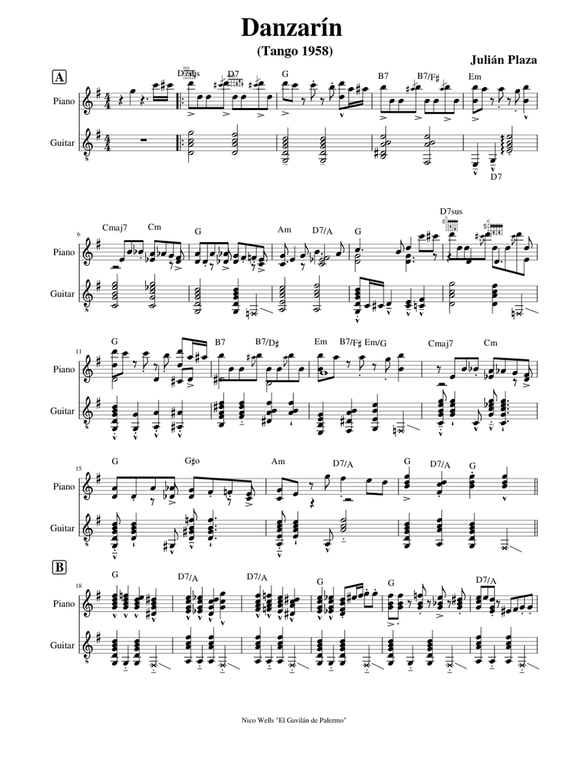 Danzarin julian plaza sheet music for piano guitar piano voice