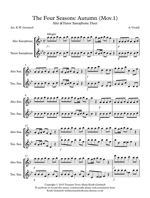 The Four Seasons - Autumn (Mov.1): Alto & Tenor Saxophone  Duet (Arr. Keith Gemmell) - A, Vivaldi (Instrumental Duet)