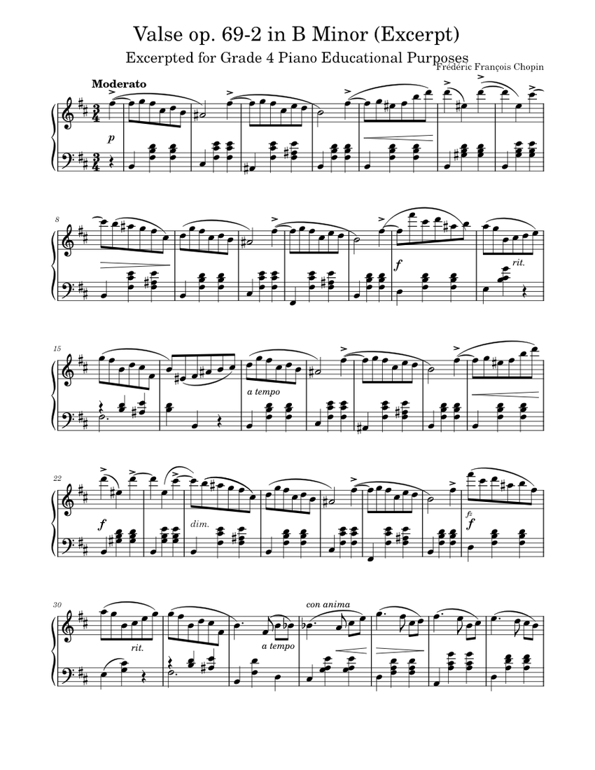 Valse in B Minor (op. 69 No. 2, Excerpt) Sheet Music for
