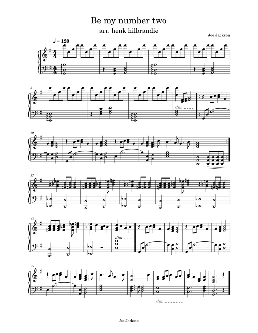 Be my number two – Joe Jackson Sheet Music for Piano (Solo