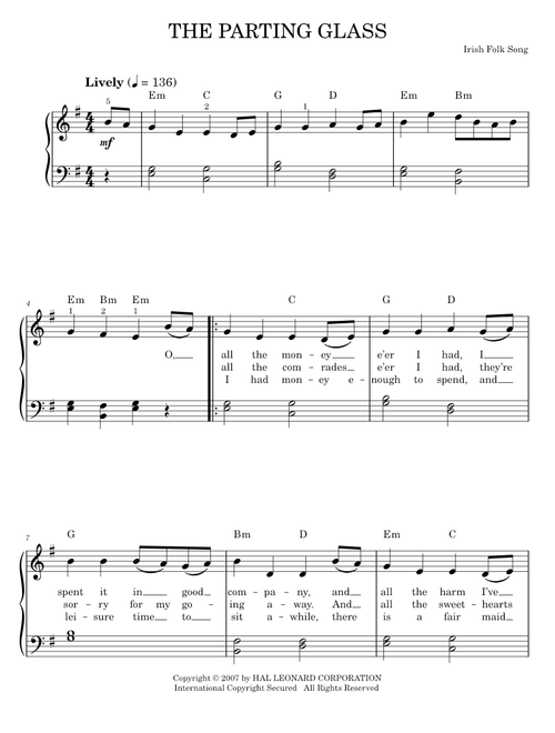 The Parting Glass - Irish Folksong (Easy Piano)