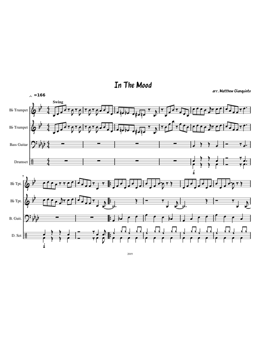 In the Mood Trumpets Bass Drums Sheet music for Trumpet in b flat Bass guitar Drum group Mixed Quartet Musescore