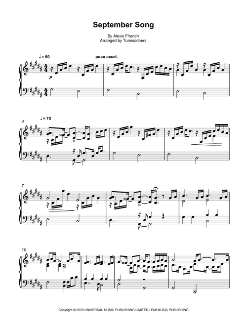September Song (Arr. Tunescribers) - Alexis Ffrench (Piano Solo)