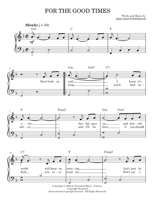 For The Good Times - Elvis Presley, Kris Kristofferson, Ray Price (Easy Piano)