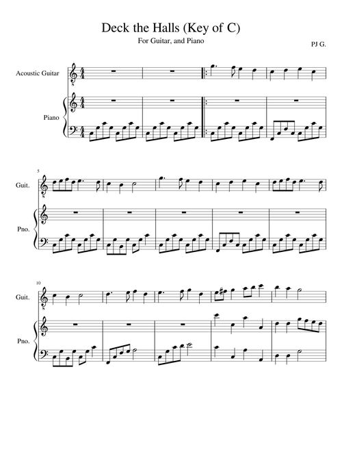 Deck the Halls (Key of C)-Guitar, Piano