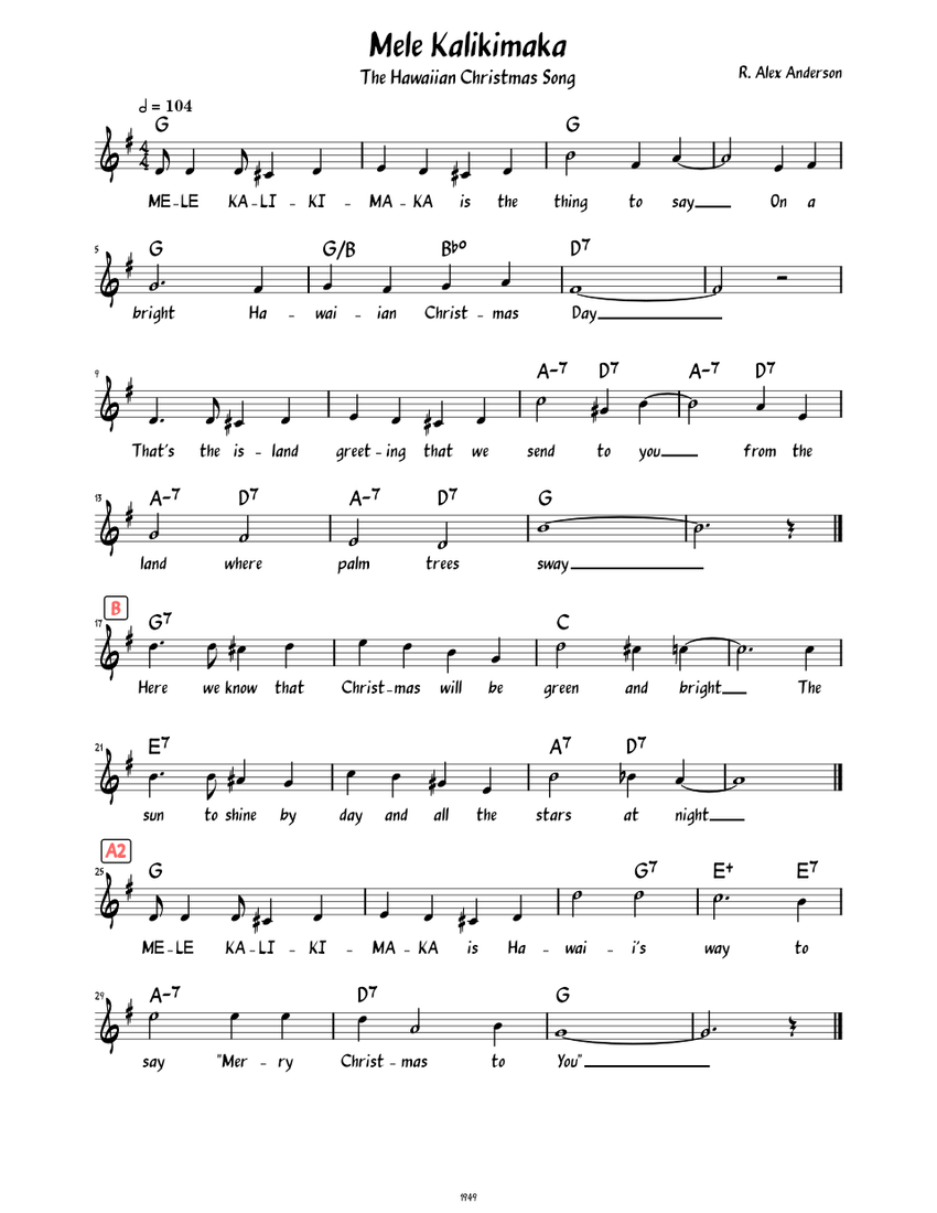 Mele Kalikimaka (Hawaiian Christmas Song) (Lead sheet with lyrics