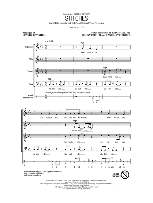 Stitches (arr. Brandy Kay Riha) - Shawn Mendes, Teddy Geiger, Danny Parker (Choral, SATB)