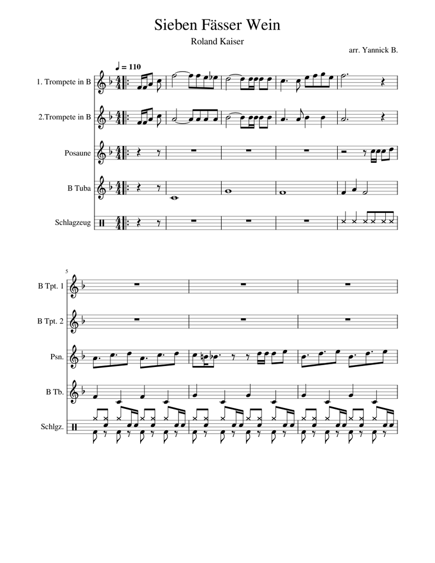 Roland Kaiser Sieben Fässer Wein Sheet music for Trombone, Tuba, Trumpet in bflat, Drum group Roland Kaiser Sieben Fässer Wein Sheet music for Trombone, Tuba, Trumpet in bflat, Drum group