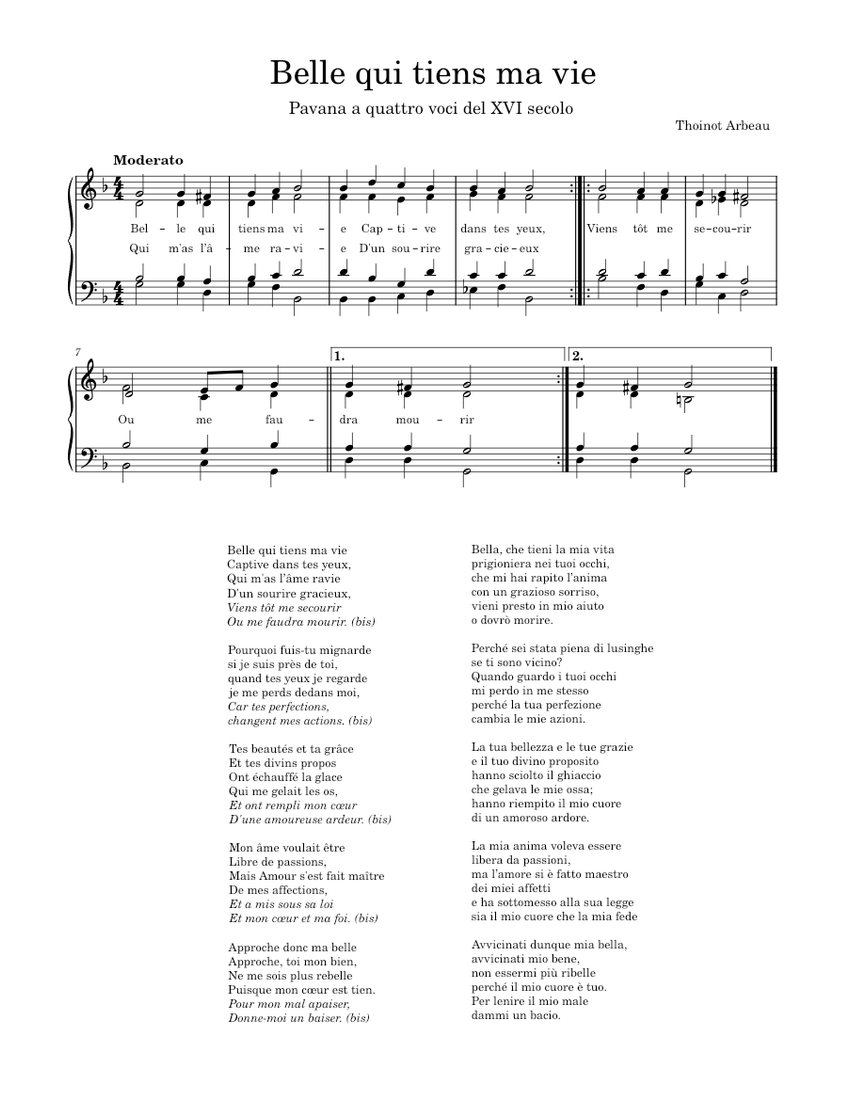 Belle qui tiens ma vie Thoinot Arbeau Sheet music for Piano (Solo) Belle qui tiens ma vie Thoinot Arbeau Sheet music for Piano (Solo)