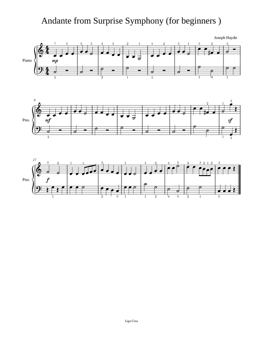 Haydn Surprise Symphony for beginers Sheet Music for Piano (Solo) easy ...
