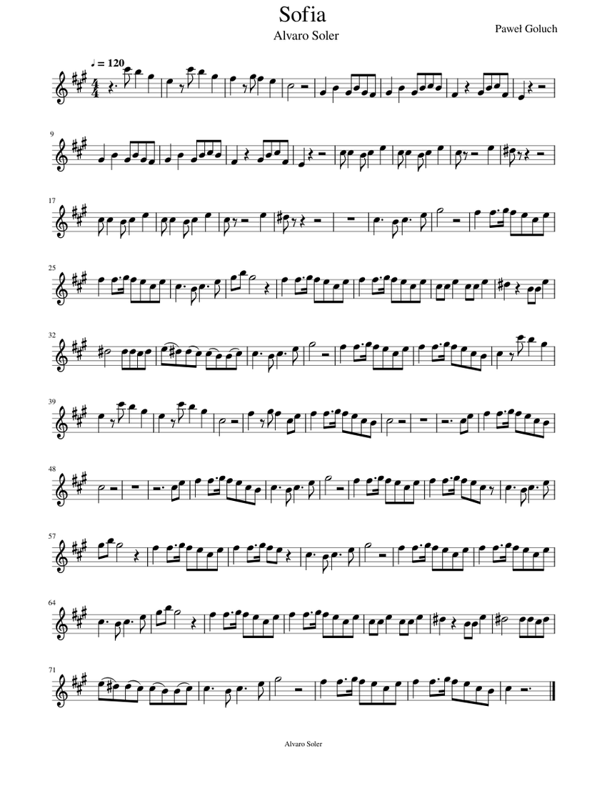 Alvaro Soler Sofia Sheet Music for Saxophone tenor (Solo