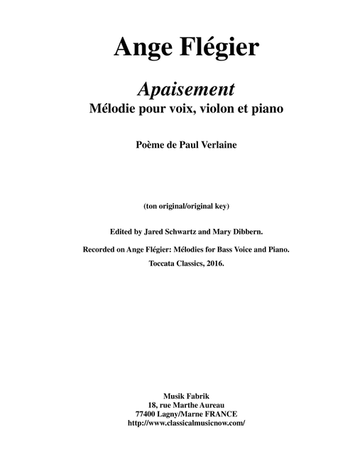 Ange Flégier:  Apaisement for medium voice, violin and piano (Small Ensemble)