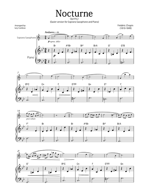 "Nocturne" (Chopin) - Beautiful EASY version for SOPRANO SAXOPHONE and PIANO. (Arr. Iury Cardoso) - Frédéric Chopin (Soprano Sax and Piano)