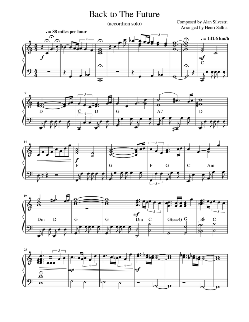 Back to The Future Sheet Music with Chords for Accordion (Solo
