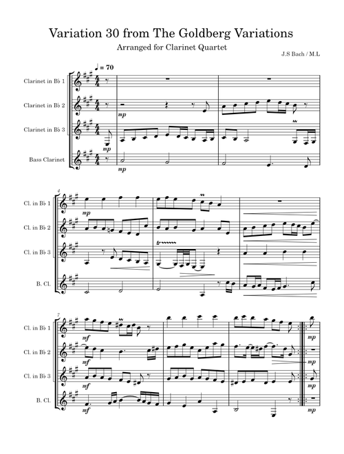 Quodlibet from The Goldberg Variations (Arranged for Clarinet Quartet)