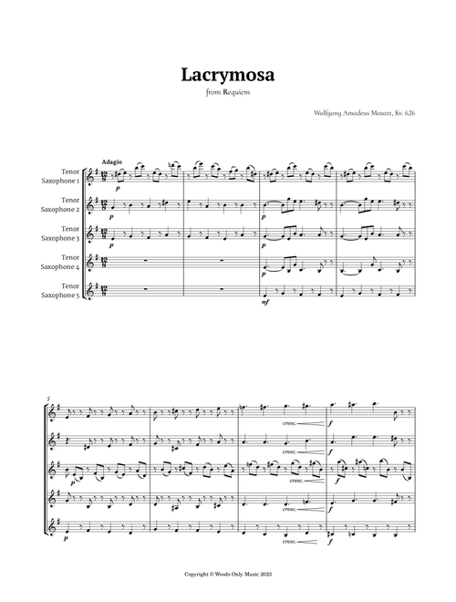 Queen of the Night Aria by Mozart for Tenor Sax Quintet (Arr. Ander) (Woodwind Ensemble)