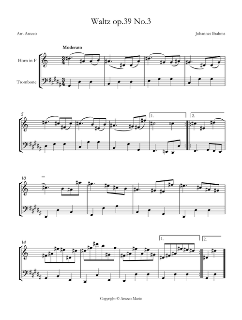 brahms waltz op 39 no 3 French Horn and Trombone sheet music (Arr. Arezzo Music) - Johannes Brahms (Instrumental Duet)
