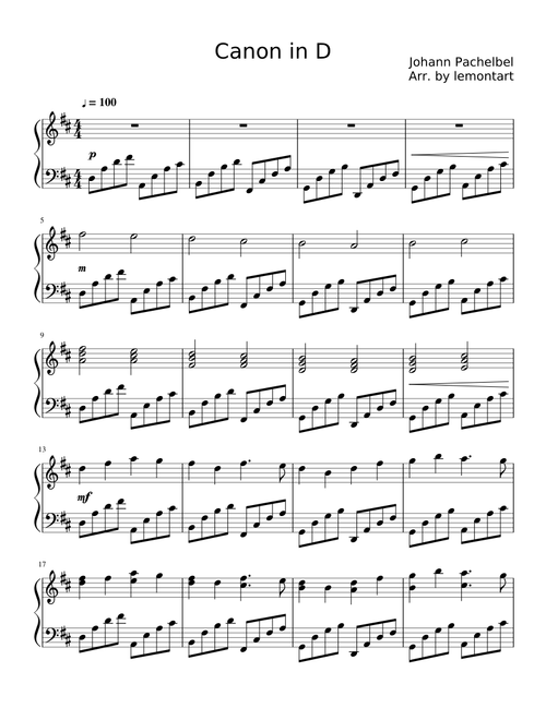 Canon in D sheet music arranged by lemontart for Solo