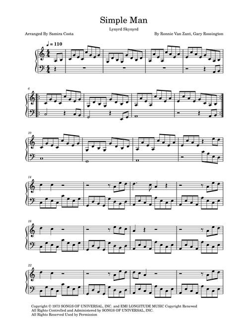 Simple Man (Arr. Samira Costa) - Lynyrd Skynyrd (Piano Solo)