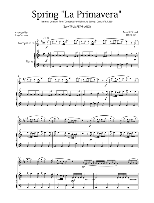 "Spring" (La Primavera) by Vivaldi - Easy version for TRUMPET & PIANO (Arr. Iury Cardoso) - Antonio Vivaldi (Trumpet and Piano)