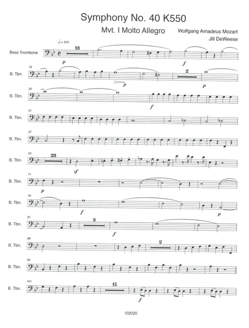 Mozart Symphony No. 40 in G minor, Movement 1 Trombone 3 (Bass Trombone) only (Arr. Jill DeWeese) - Wolfgang Amadeus Mozart (Trombone Solo)