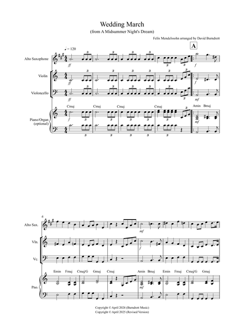 Wedding March (from A Midsummer Night's Dream) for Alto Saxophone, Violin and Cello Trio (Arr. David Burndrett) - Felix Mendelssohn (Small Ensemble)