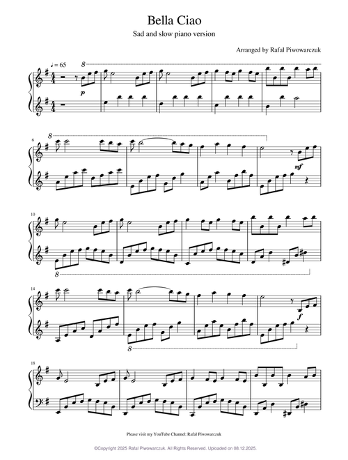 Bella Ciao - Sad and slow piano version arranged by Rafal Piwowarczuk La Casa de Papel