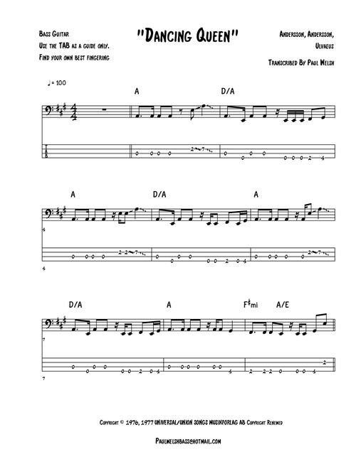 Dancing Queen (Arr. P Welsh) - ABBA (Bass Tab)