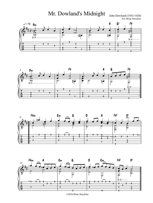 Mr. Dowland's Midnight (Arr. Brian Streckfus) - John Dowland (Easy Guitar with TAB)