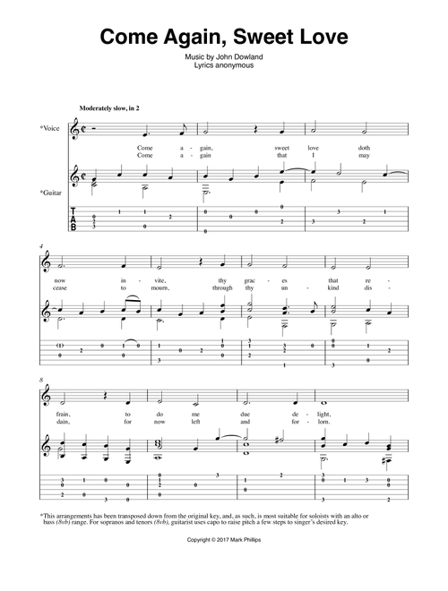 Come Again, Sweet Love (Arr. Mark Phillips) - John Dowland (Guitar Tab with Voice)