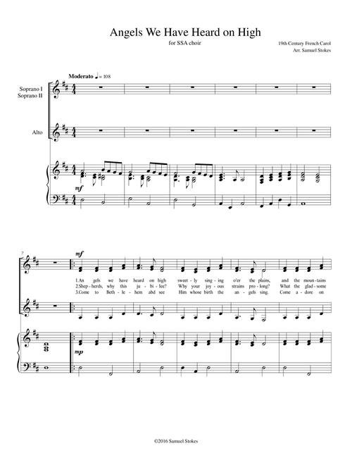 Angels We Have Heard on High - for SSA choir with piano accompaniment (Arr. Samuel Stokes) - Traditional (Choral, SSA)