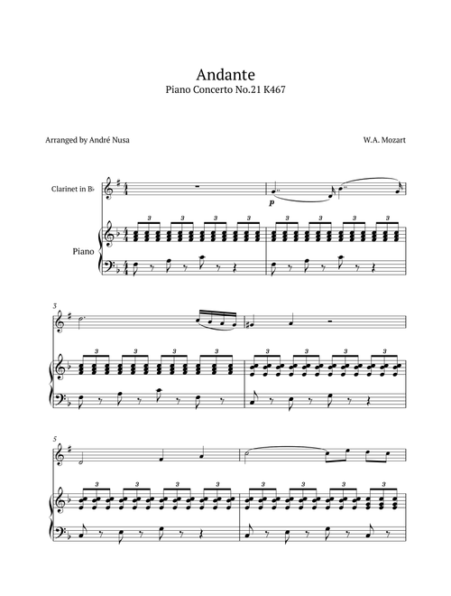 Piano Concerto No.21 Andante (Arr. André Nusa) - WA Mozart (Clarinet and Piano)