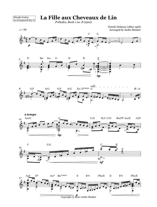 La Fille aux Cheveaux de Lin / The Girl With The Flaxen Hair by Claude Debussy. Simple guitar arrang (Arr. Andre Maaker) (Guitar Tab)