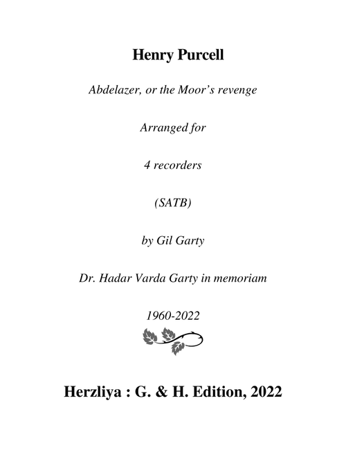 Abdelazer, or the Moor's revenge (Arranged for 4 recorders (SATB)) (Arr. Gil Garty) - Henry Purcell (Recorder Ensemble)