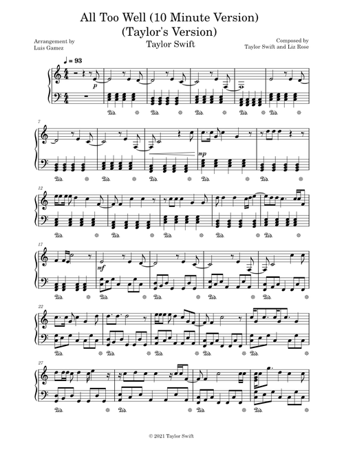 All Too Well (10 Minute Version) (Taylor's Version) (From The Vault) – Taylor Swift - Piano Arrangement by Luis Gamez