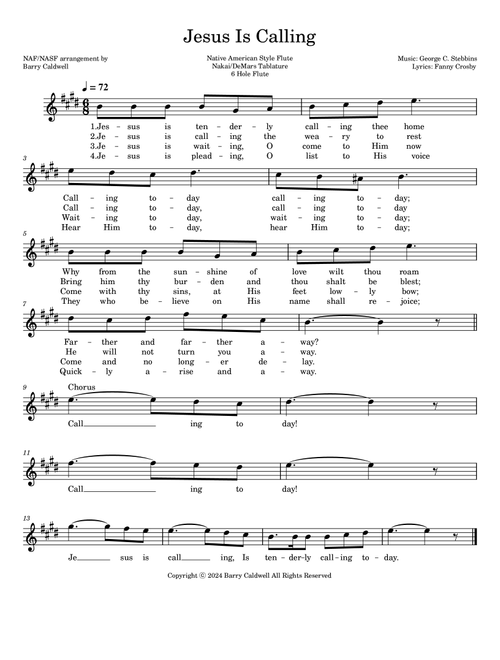 Jesus Is Calling for Native American Style Flute (Arr. Barry Caldwell) - Fanny J Crosby (Flute Solo)