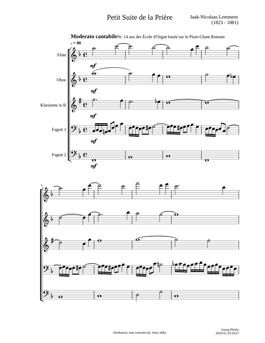 Nicolaas Jaak Lemmens: Petit Suite de la Prière - Woodwind Quintet ...