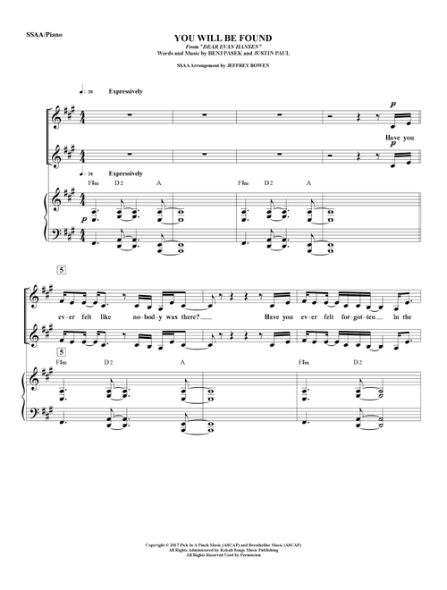 You Will Be Found (Arr. Jeffrey Bowen) - Benj Pasek, Justin Paul (Choral, SSAA)