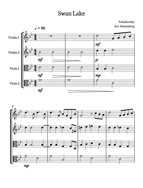 Tchaikovsy - Swan Lake for String Quartet (2 violins and 2 violas). Score and parts included (Arr. Heisenberg) (String Ensemble)