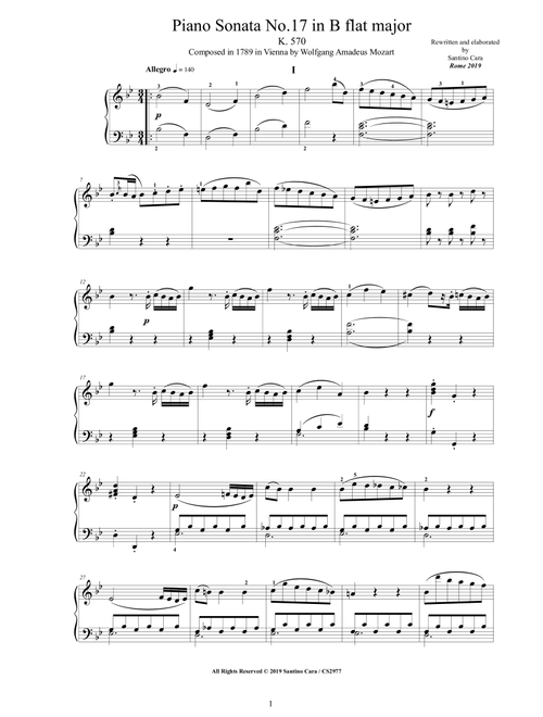 Mozart - Piano Sonata No.17 in B flat major K 570 - Complete score (Arr. Santino Cara) - Mozart Wolfgang Amadeus (Piano Solo)