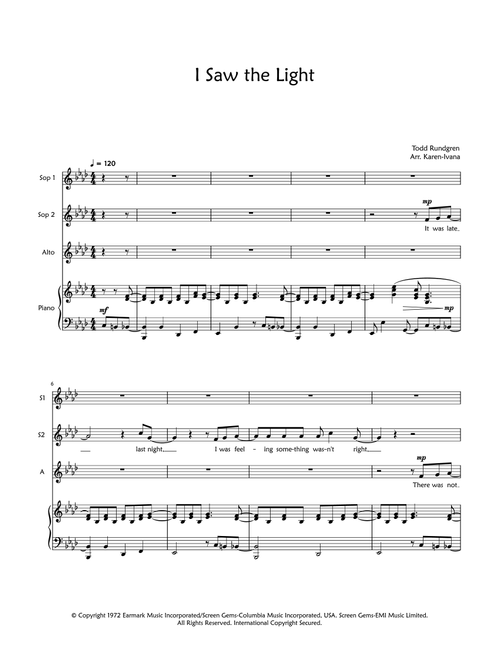 I Saw The Light (Arr. Karen Ivana) - Hal Ketchum (Choral, SSA)