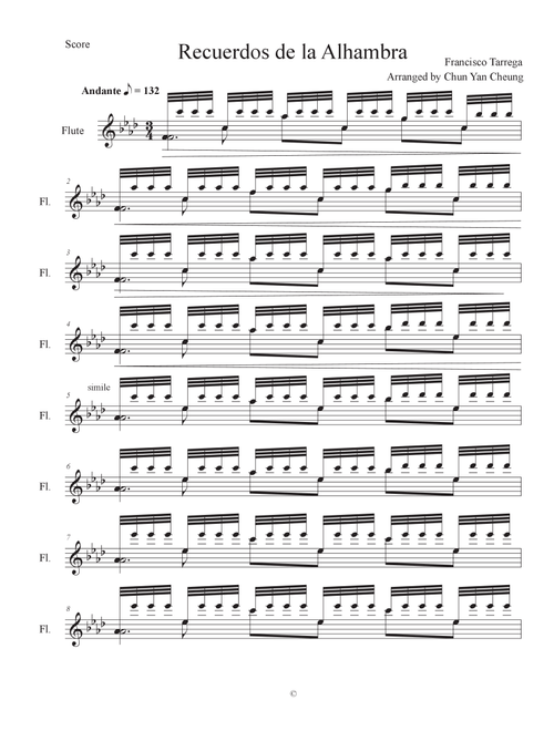 Recuerdos de la Alhambra in F minor (Arr. ChunYan Cheung) - Francisco Tarrega (Flute Solo)